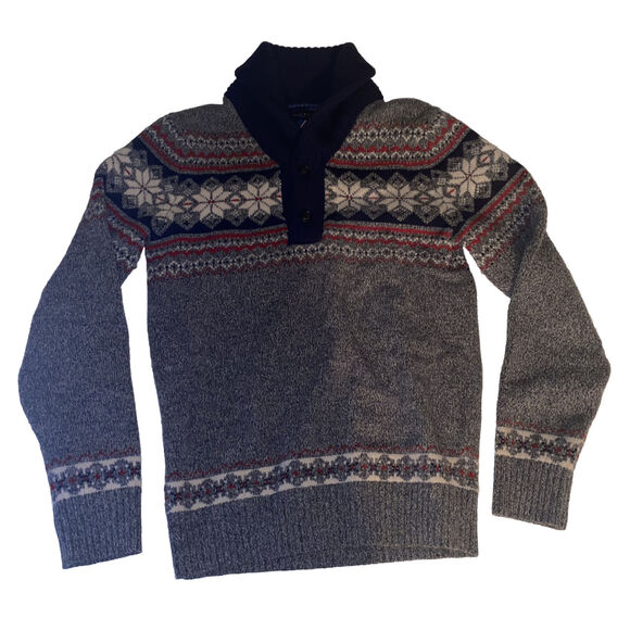 Tommy Hilfiger‎ Navy Red Fair Isle Lambswool 1/4 Sweater Button Men Size Small - Picture 1 of 11